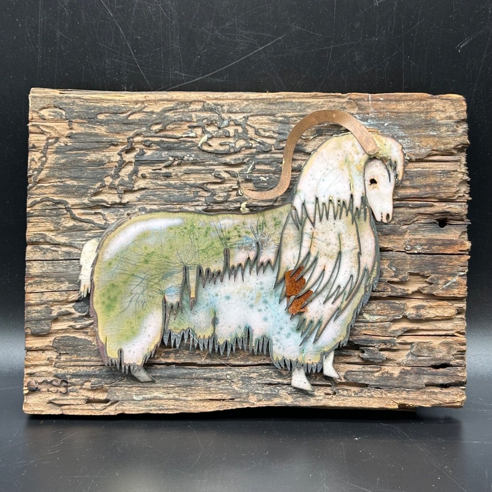 Handmade Sawblade Painted Ram Goat on Raw Wood Wall Hanging‎ 8.5x6